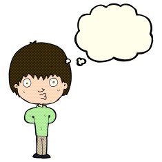 cartoon whistling boy with thought bubble N5