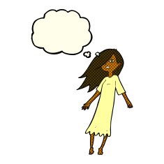 cartoon ghost like girl with thought bubble N6