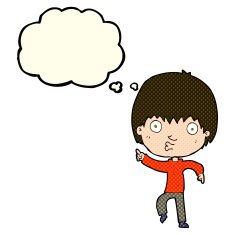 cartoon impressed boy pointing with thought bubble N5