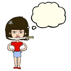 cartoon woman with knife between teeth thought bubble N19