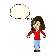 cartoon woman shrugging shoulders with thought bubble N242