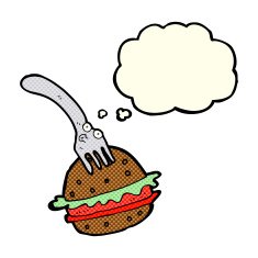 cartoon fork and burger with thought bubble N3