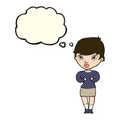 cartoon woman gesturing at self with thought bubble N14