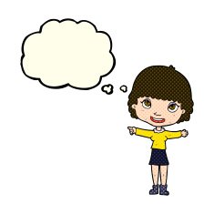 cartoon happy woman pointing with thought bubble N34