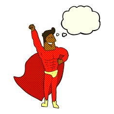 cartoon superhero with thought bubble N13