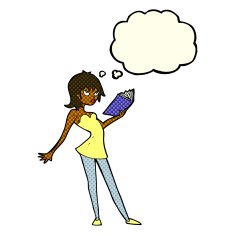 cartoon woman reading book with thought bubble N6