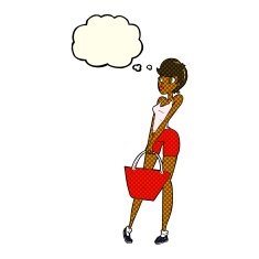 cartoon attractive woman shopping with thought bubble N6