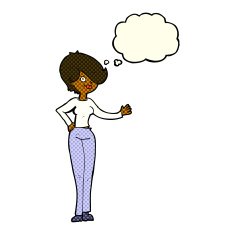cartoon woman waving with thought bubble N175