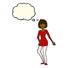 cartoon woman in dress with thought bubble N21