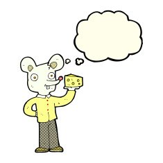 cartoon mouse holding cheese with thought bubble N5