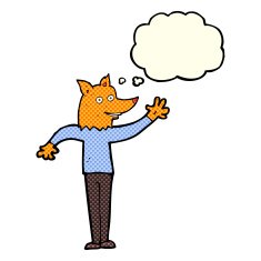 cartoon waving fox man with thought bubble N3