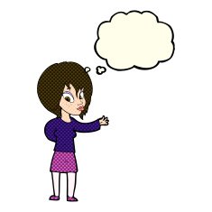cartoon woman making welcome gesture with thought bubble N6
