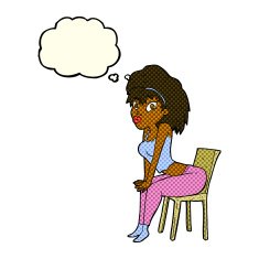 cartoon woman posing on chair with thought bubble N11