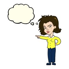 cartoon woman pointing with thought bubble N110