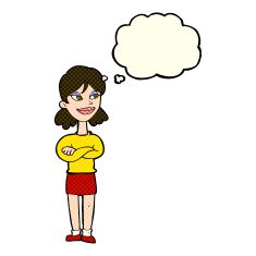 cartoon smug woman with thought bubble N11