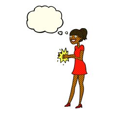 cartoon woman clapping hands with thought bubble N5