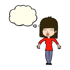 cartoon woman shrugging with thought bubble N34