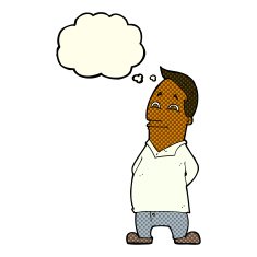 cartoon friendly man with thought bubble N11
