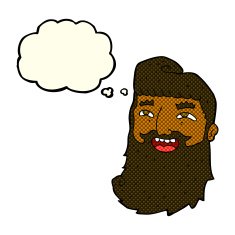cartoon laughing bearded man with thought bubble N5