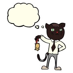 cartoon business cat with dead mouse thought bubble N6