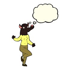 cartoon dancing werewolf woman with thought bubble N3