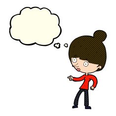 cartoon woman pointing with thought bubble N111