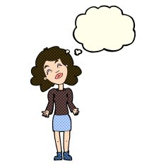 cartoon woman shrugging shoulders with thought bubble N245