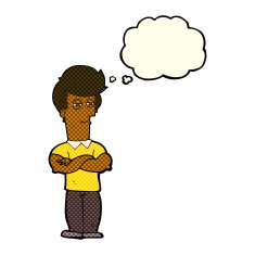 cartoon man with folded arms thought bubble N16