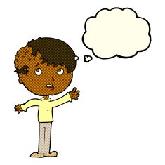cartoon boy with growth on head thought bubble N18