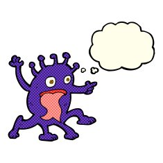 cartoon weird little alien with thought bubble N12