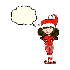 cartoon santa's helper woman with thought bubble N6