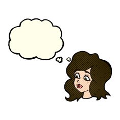 cartoon woman looking concerned with thought bubble N5
