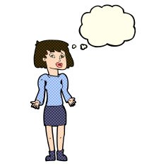 cartoon woman shrugging shoulders with thought bubble N246