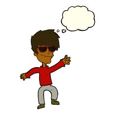 cartoon waving cool guy with thought bubble N6