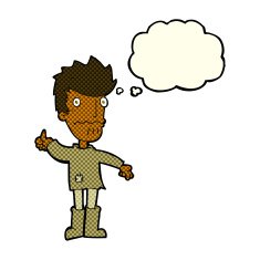 cartoon worried man giving thumbs up symbol with thought bubble N6