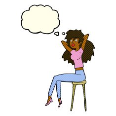 cartoon woman posing on stool with thought bubble N6