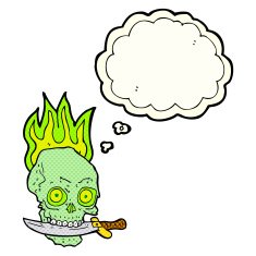 cartoon pirate skull with knife in teeth thought bubble N6