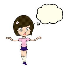 cartoon woman making balancing gesture with thought bubble N6