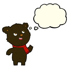 cartoon black bear wearing scarf with thought bubble N5