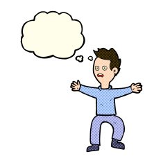 cartoon man panicking with thought bubble N28