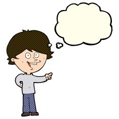 cartoon boy laughing and pointing with thought bubble N6