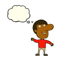 cartoon waving man with thought bubble N20