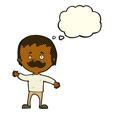 cartoon man with mustache waving thought bubble N16