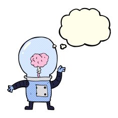 cartoon robot cyborg with thought bubble N4