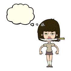 cartoon woman with knife between teeth thought bubble N20