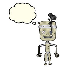 cartoon malfunctioning robot with thought bubble N3