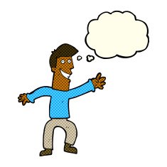 cartoon happy man dancing with thought bubble N22