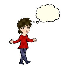 cartoon woman shrugging shoulders with thought bubble N251