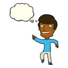 cartoon happy man pointing with thought bubble N31