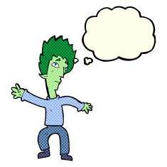 cartoon vampire man with thought bubble N61
